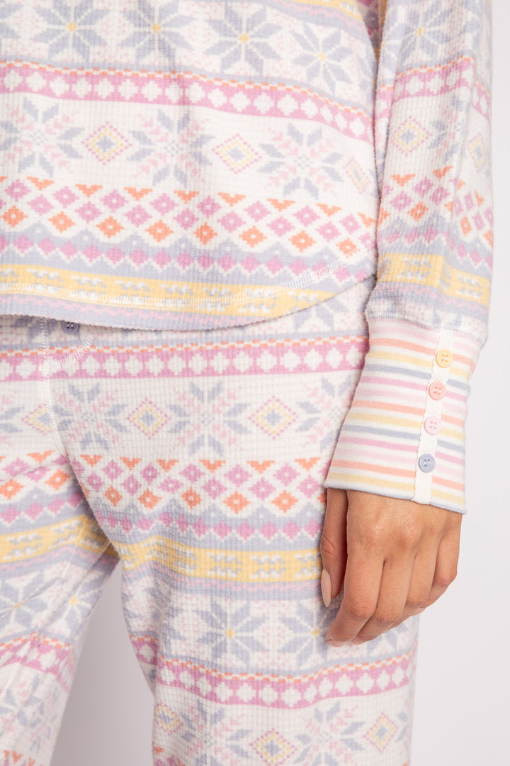 Velour pajama set in pastel fair isle winter pattern. Embroidered stitch neckline & colored buttons. (7231880822884)