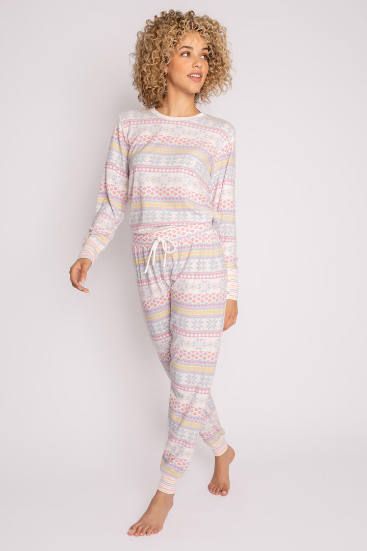 Velour pajama set in pastel fair isle winter pattern. Embroidered stitch neckline & colored buttons. (7231880822884)