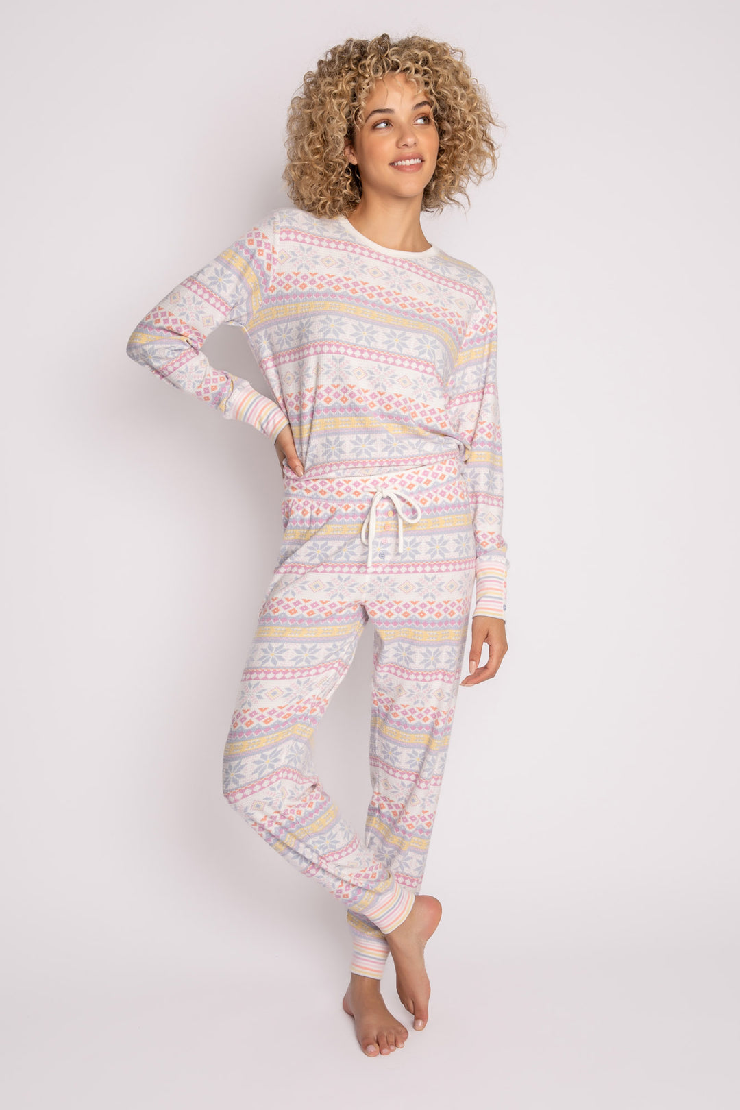 Velour pajama set in pastel fair isle winter pattern. Embroidered stitch neckline & colored buttons. (7231880822884)