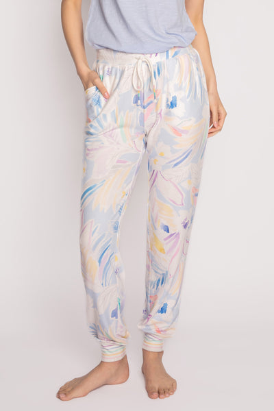 Watercolor painted floral banded jogger pant with side pockets. Pastel-striped cuffs. (7215772893284)