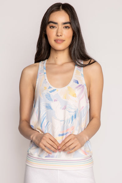 Racer tank top in watercolor painted floral. Pastel-striped rib banded hem. Relaxed fit. (7196188147812)
