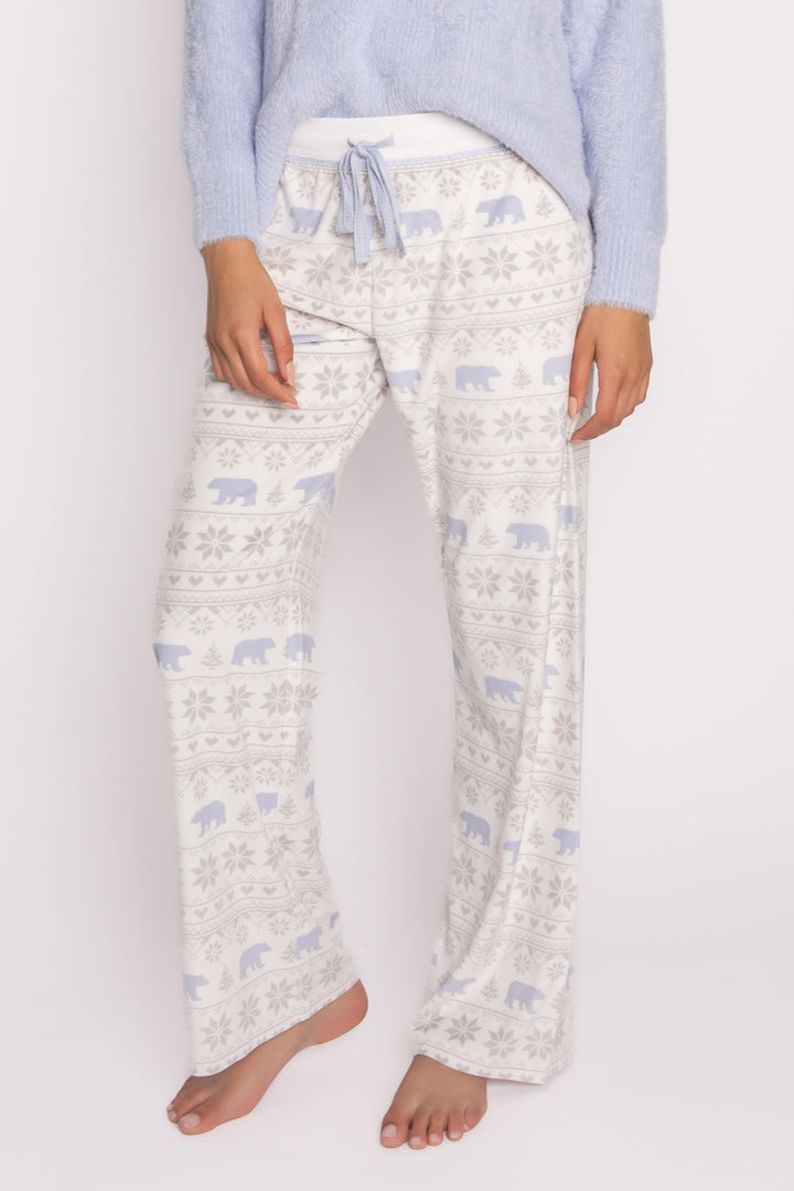 Ivory velour pajama pant, open leg, with polar bear-fair isle pattern & tie waist. (7231881478244)