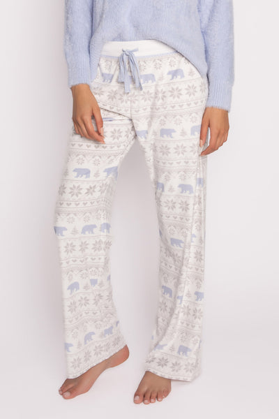 Ivory velour pajama pant, open leg, with polar bear-fair isle pattern & tie waist. (7231881478244)