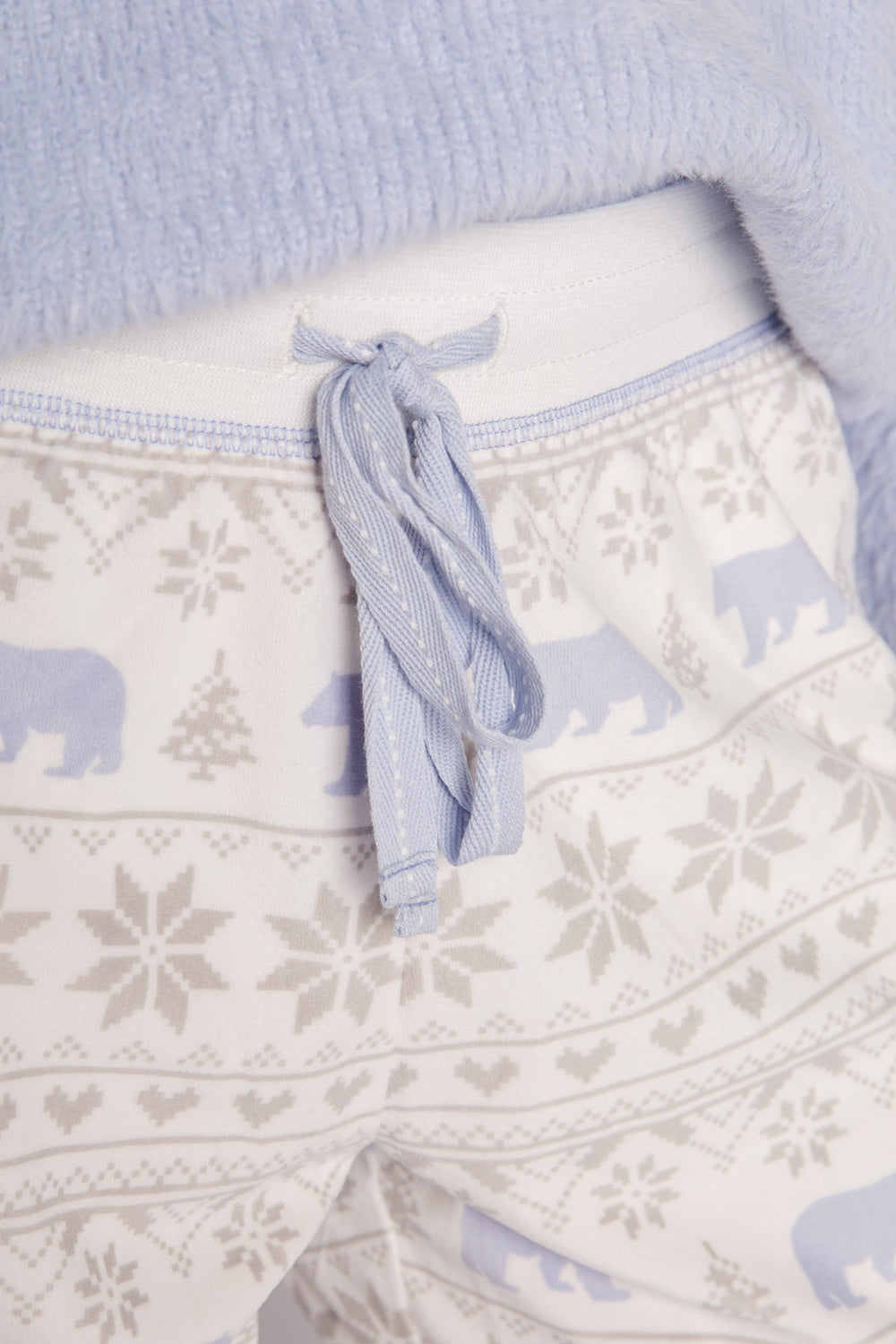 Ivory velour pajama pant, open leg, with polar bear-fair isle pattern & tie waist. (7231881478244)
