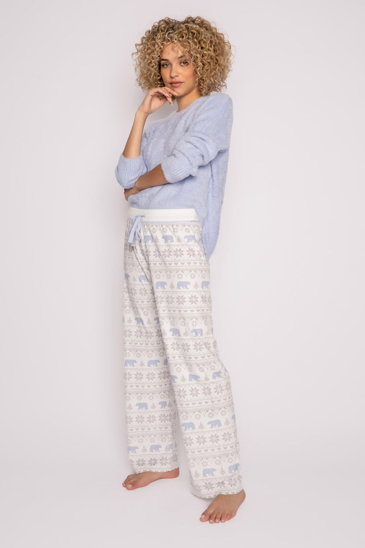 Ivory velour pajama pant, open leg, with polar bear-fair isle pattern & tie waist. (7231881478244)