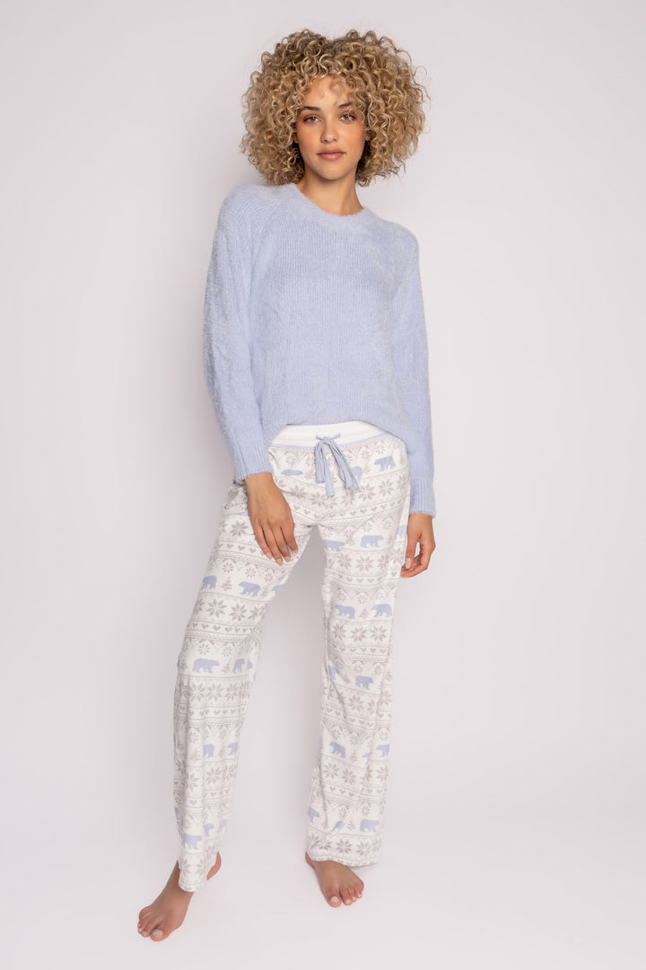 Ivory velour pajama pant, open leg, with polar bear-fair isle pattern & tie waist. (7231881478244)