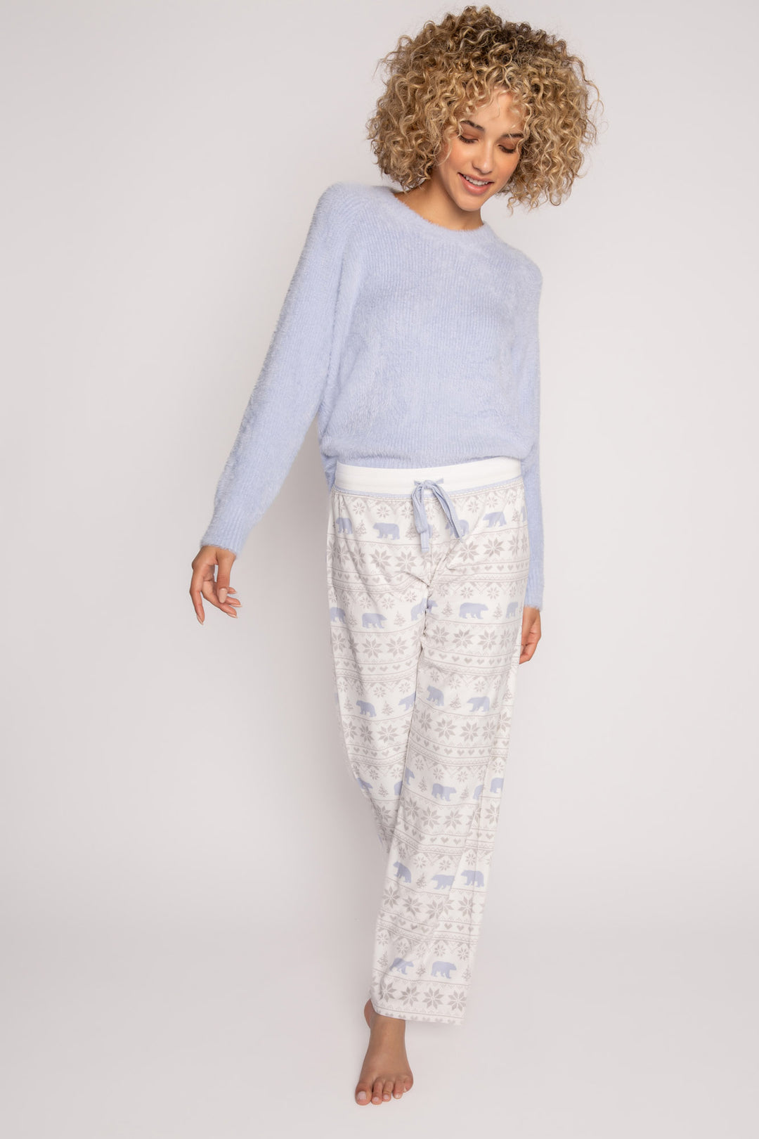 Ivory velour pajama pant, open leg, with polar bear-fair isle pattern & tie waist. (7231881478244)
