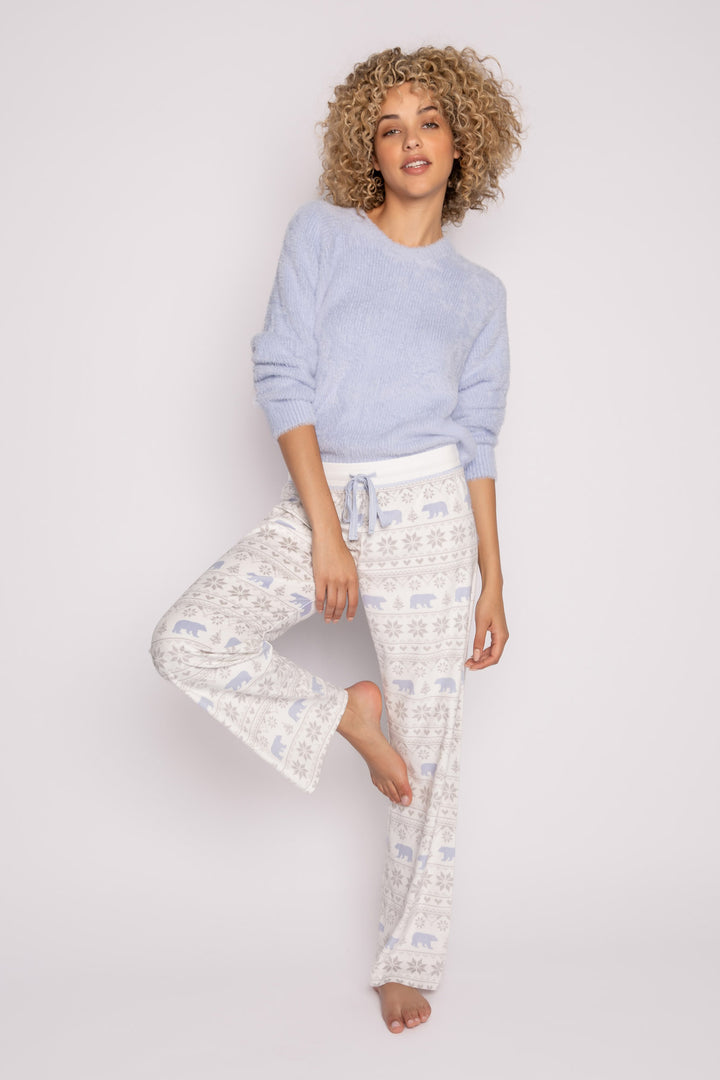 Ivory velour pajama pant, open leg, with polar bear-fair isle pattern & tie waist. (7231881478244)