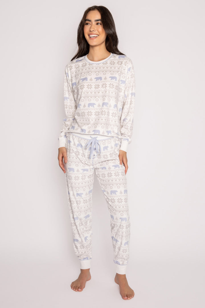 Matching velour jammie set top & pant in velour polar bear print. (7231881838692)