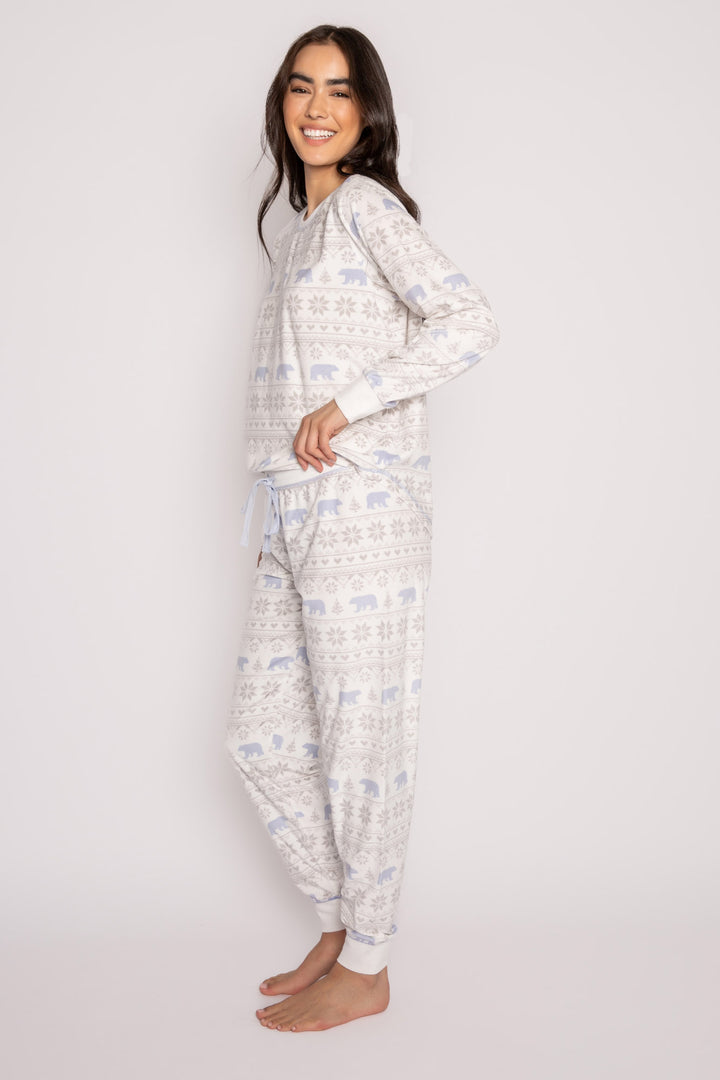 Matching velour jammie set top & pant in velour polar bear print. (7231881838692)