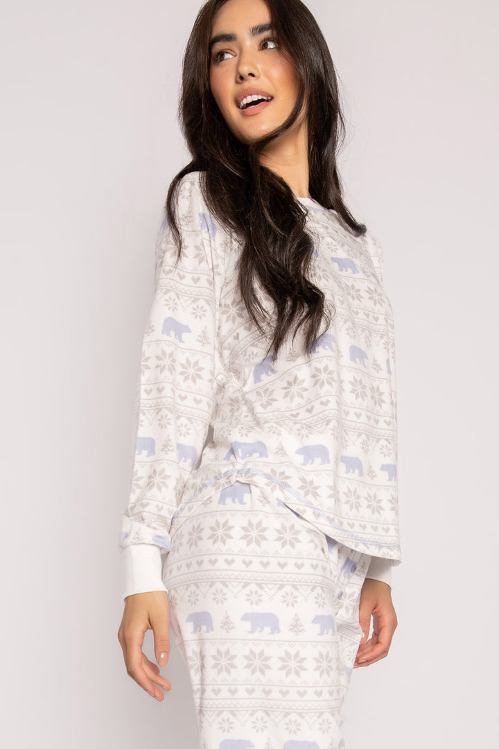 Matching velour jammie set top & pant in velour polar bear print. (7231881838692)