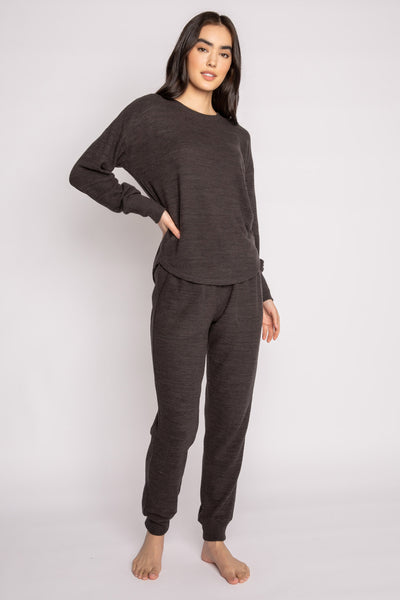 Matching sweater set in mélange slate top + pant with rib textured stripe on side leg & wide ribbed waistband. (7231883018340)