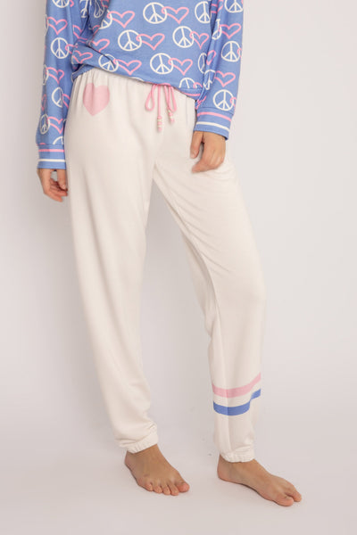 Ivory jogger in modal terry with graphic stripe print at leg & heart icon on hip. Braided tie waist. (7196190834788)