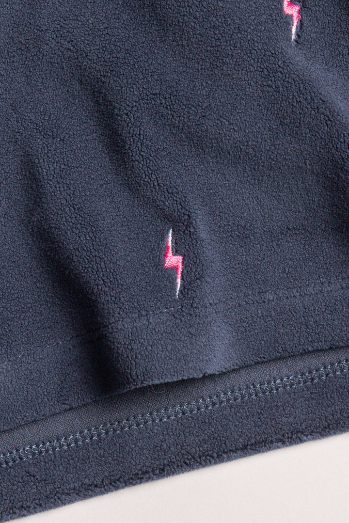 Dark blue pullover top with mini lightning bolt embroideries on exposed boucle' fleece knit. (7231883837540)
