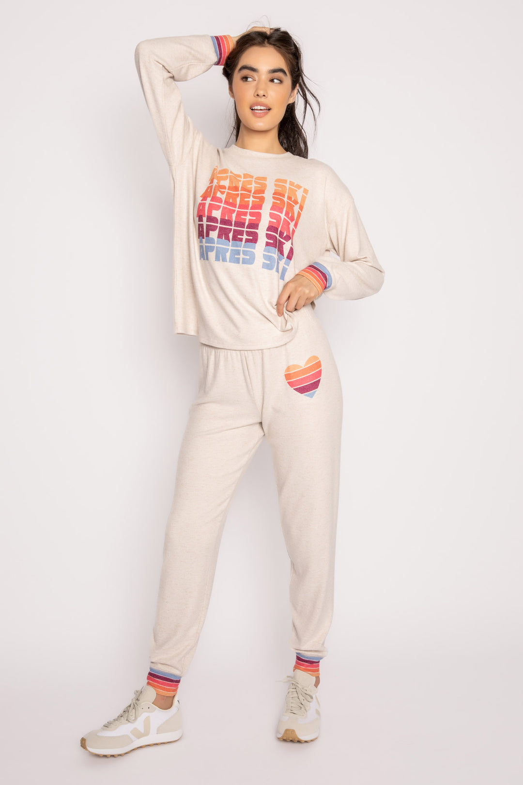Ivory heather lounge set with multi-striped cuffs on top & jogger. Top has gradient 'Après Ski' printed chest. (7231884329060)