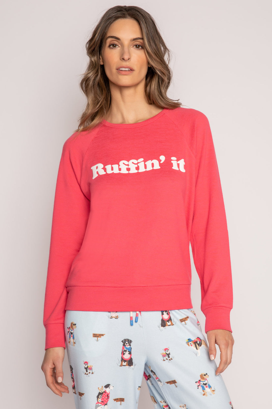 Red long sleeve top in brushed knit with white printed puff lettering on front. (7215772991588)