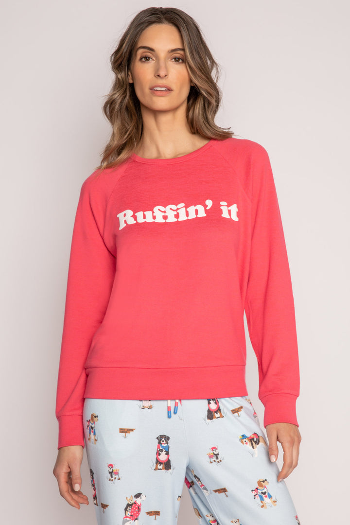 Red long sleeve top in brushed knit with white printed puff lettering on front. (7215772991588)