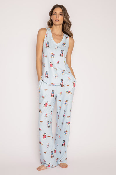 Matching sleep set in blue peachy dog-print. Racer-back top & straight pj pant with striped waist. (7215773122660)