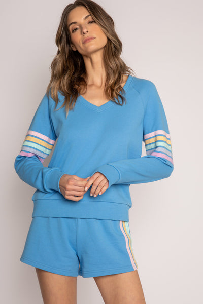Blue cotton-blend terry V-neck top with pastel stripes on mid-sleeves. Banded hem & easy fit. (7196188213348)