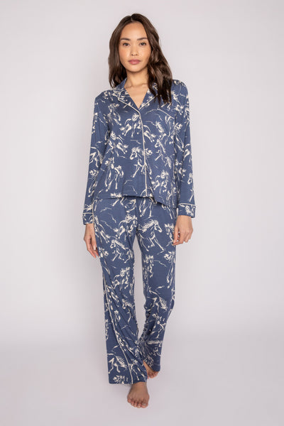 Pajama set in dark blue modal, printed in ivory horse pattern. Long sleeve button top & open leg pajama pant. (7231885148260)