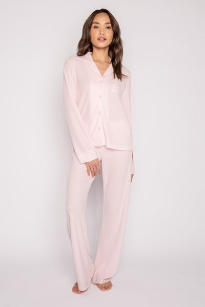 Light pink pj set in waffle thermal knit. Collared, button top & elastic waist pant. (7216588619876)