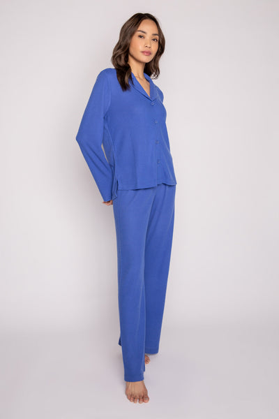 Royal blue pj set in waffle thermal knit. Collared, button top & elastic waist pant. (7216588685412)