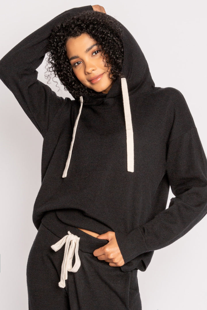 Black sweater knit lounge set hoody & high-waisted pant with contrast ivory drawcords. (7231885475940)