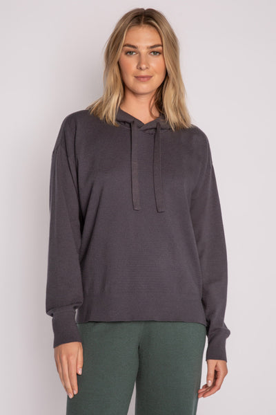 Sweater-knit pullover hoodie in charcoal with stitched drawcords (7231885574244)