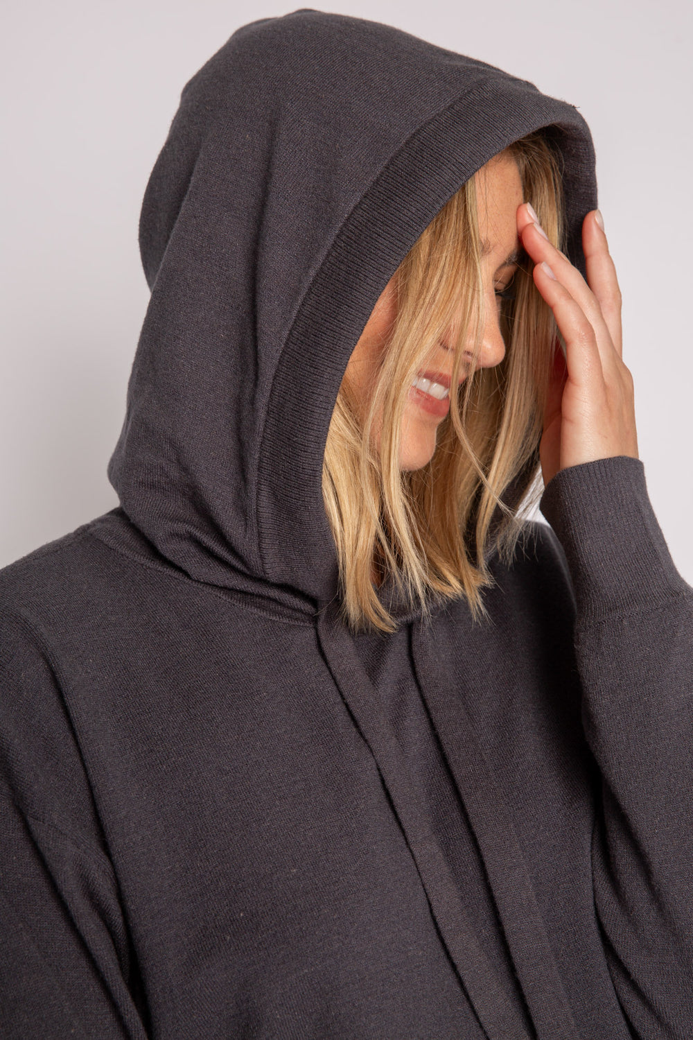 Sweater-knit pullover hoodie in charcoal with stitched drawcords (7231885574244)