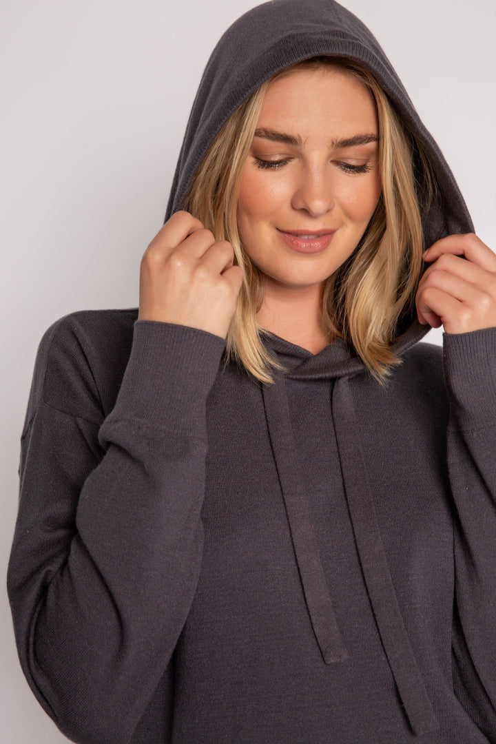 Sweater-knit pullover hoodie in charcoal with stitched drawcords (7231885574244)