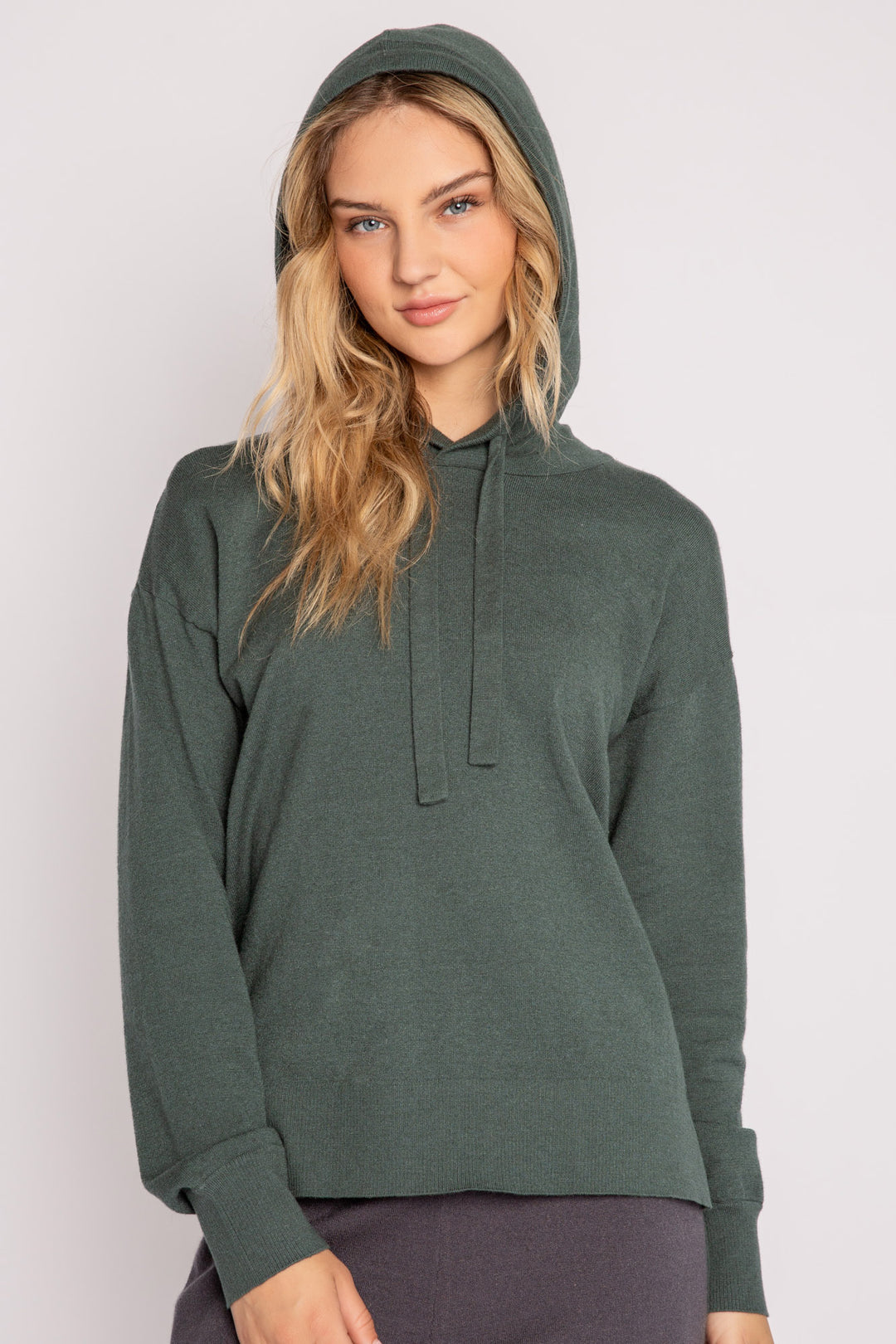 Sweater-knit pullover hoodie in dark green with stitched drawcords (7231885705316)