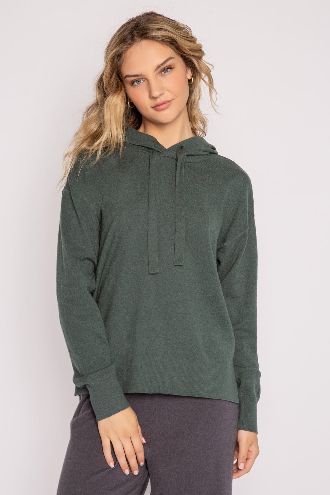 Sweater-knit pullover hoodie in dark green with stitched drawcords (7231885705316)