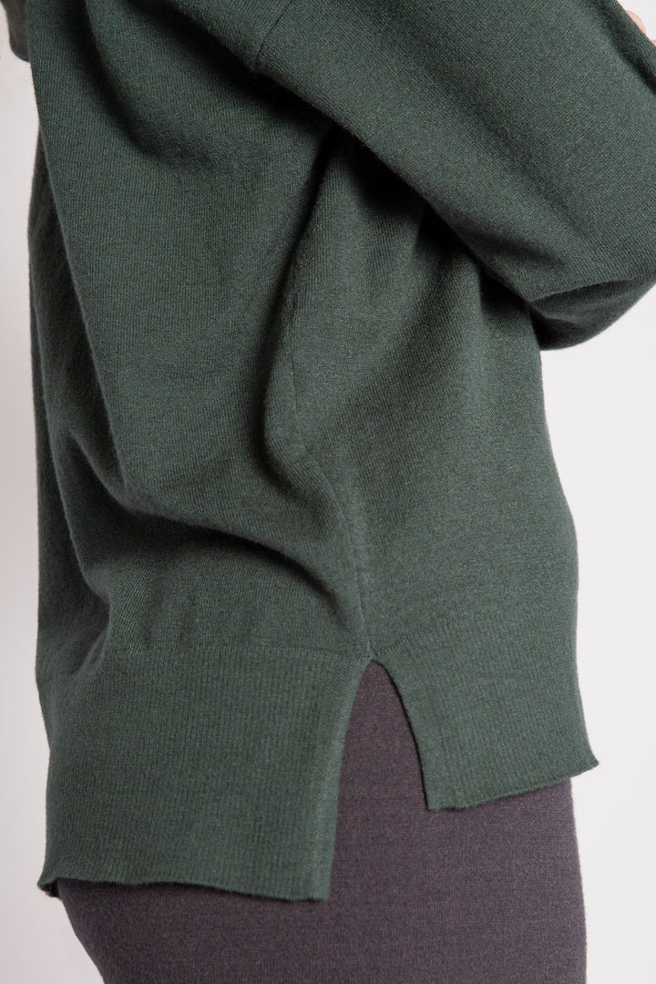 Sweater-knit pullover hoodie in dark green with stitched drawcords (7231885705316)