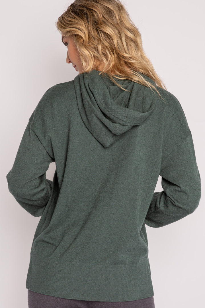Sweater-knit pullover hoodie in dark green with stitched drawcords (7231885705316)