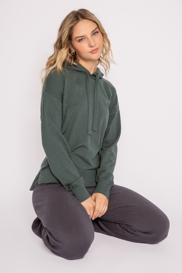Sweater-knit pullover hoodie in dark green with stitched drawcords (7231885705316)
