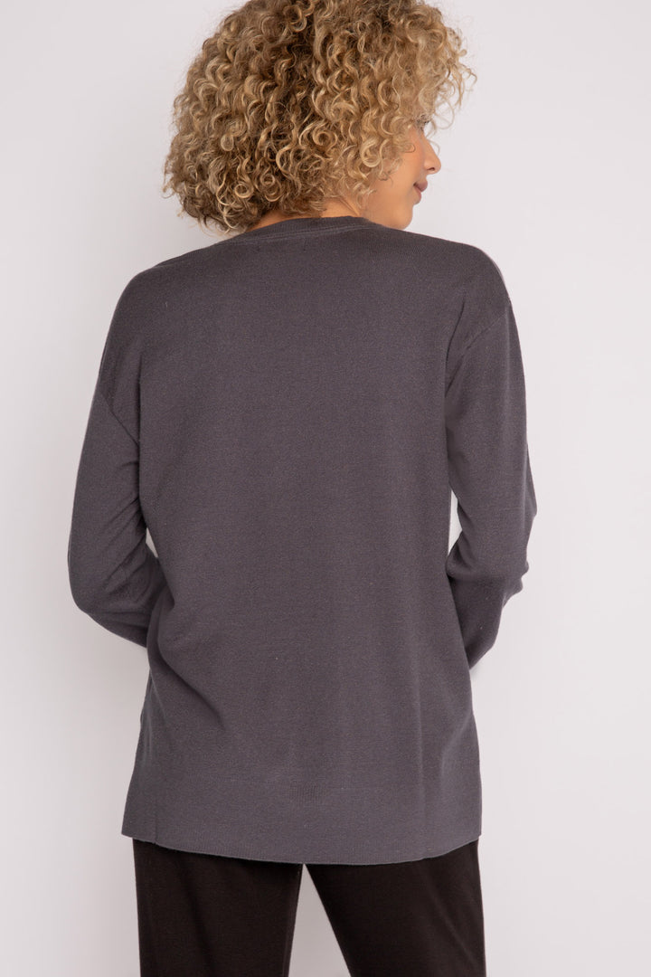 Sweater-knit V-neck sweater in charcoal with open high-low hem. (7231885803620)
