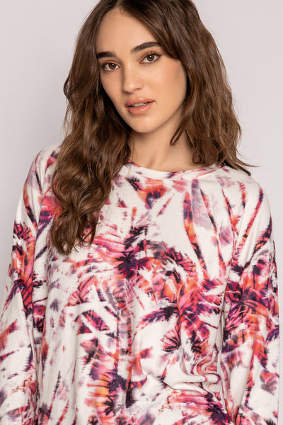 Long sleeve top in plum-pink palm tree print with kaleidoscope effect, in soft butter jersey. (7196190933092)