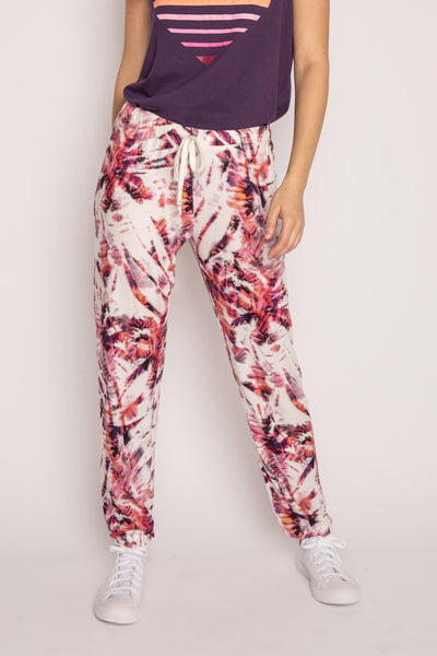 Jogger pant in plum-pink palm tree print with kaleidoscope effect, in soft butter jersey. (7196190965860)