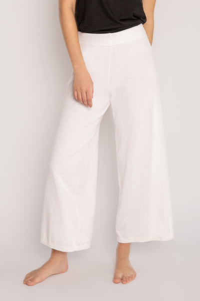 Ivory crop pant in light sweater knit with wide ribbed waistband. Relaxed wide leg fit. (7196191293540)