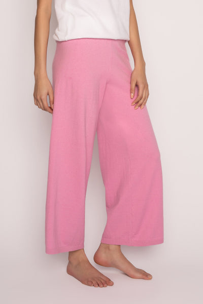 Pink crop pant in light sweater knit with wide ribbed waistband. Relaxed wide leg fit. (7196191326308)