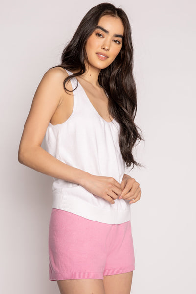 Pink V-neck tank top in light sweater knit with ribbed waistband. Front & back V-neck. (7196191621220)