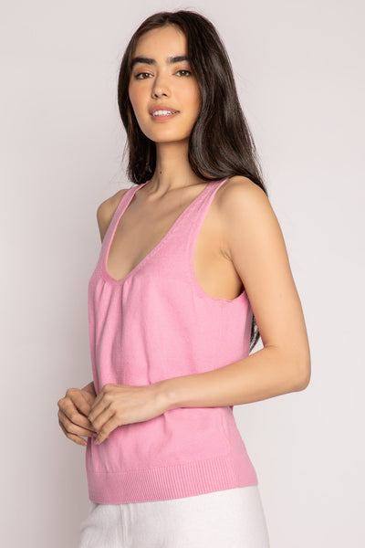 Pink V-neck tank top in light sweater knit with ribbed waistband. Front & back V-neck. (7196191653988)