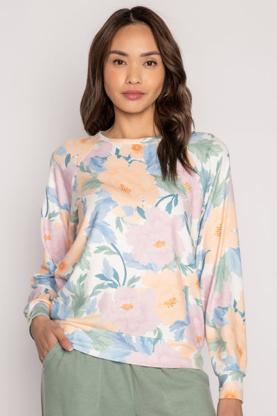 Long sleeve pullover pj top in gold-olive-blue-lilac floral pattern. Banded hem, relaxed fit. (7231886983268)