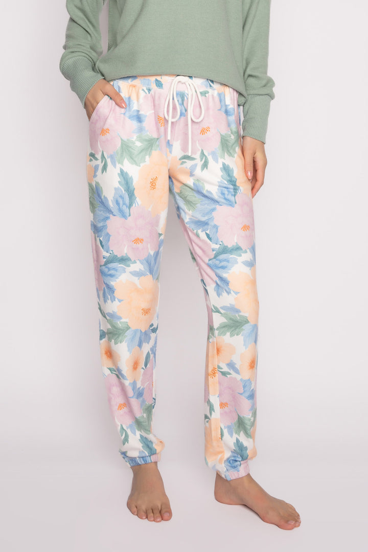 Banded jogger in gold-olive-blue-lilac floral pattern. Side pockets & comfy tie waist. (7231887081572)