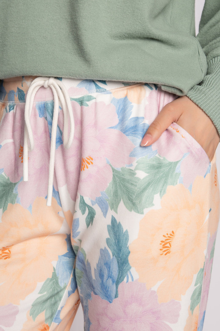 Banded jogger in gold-olive-blue-lilac floral pattern. Side pockets & comfy tie waist. (7231887081572)