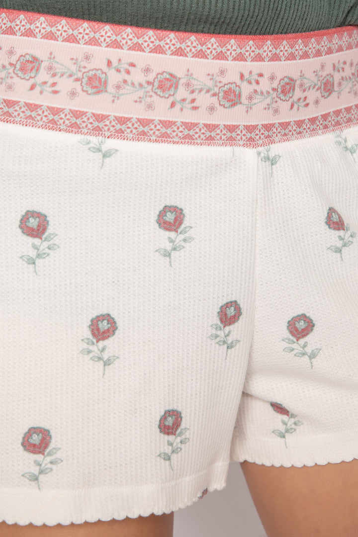 Sleep short in brushed mini thermal with tiny rosette pattern. Printed pink contrast waistband. (7231887671396)