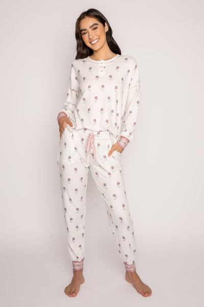 Pajama set in brushed mini thermal with tiny rosette pattern. Henley top & banded jammie pant both with contrast pink-printed cuffs. (7231887835236)