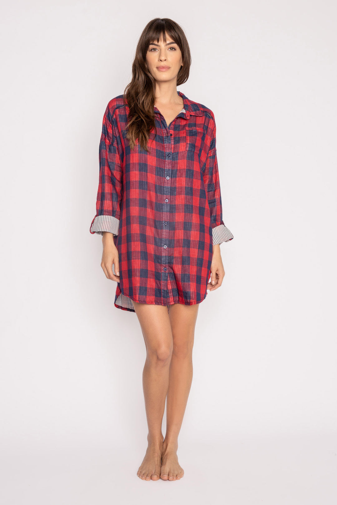 Navy & red plaid nightshirt with mini button front. Soft woven, light fabric. Roll-up sleeves. (7249830150244)