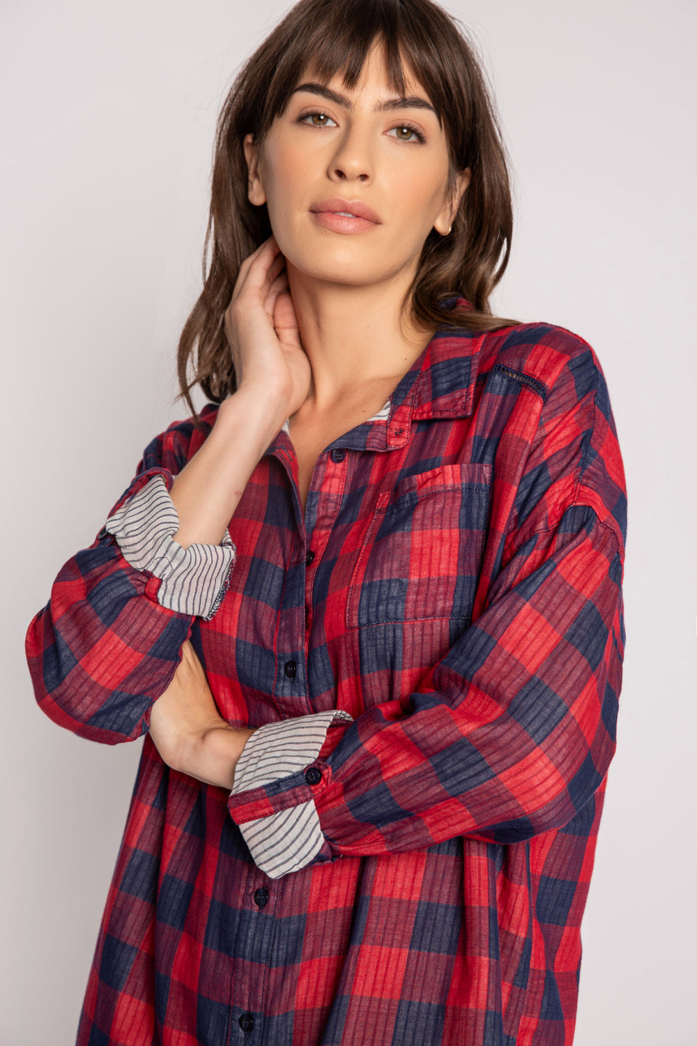 Navy & red plaid nightshirt with mini button front. Soft woven, light fabric. Roll-up sleeves. (7249830150244)