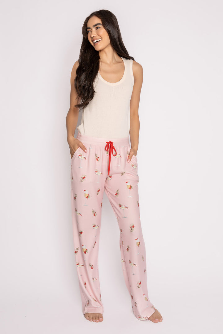 Light pink pj pant with mistletoe & cocktail print. Contrast red stitching & red tie waist. Side pockets. (7257677103204)